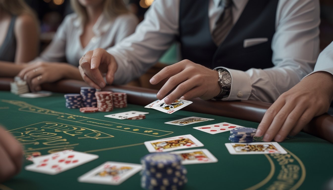 Seorang pemain mempelajari kartu dan aturan blackjack di meja bersama dealer.