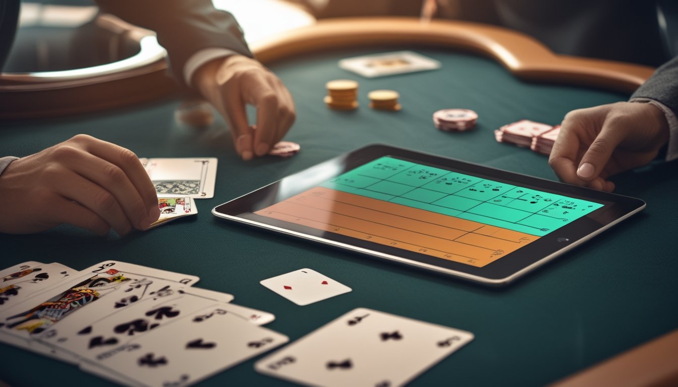 Tangan seseorang membandingkan kartu blackjack di samping tablet dengan tampilan kisi strategi.