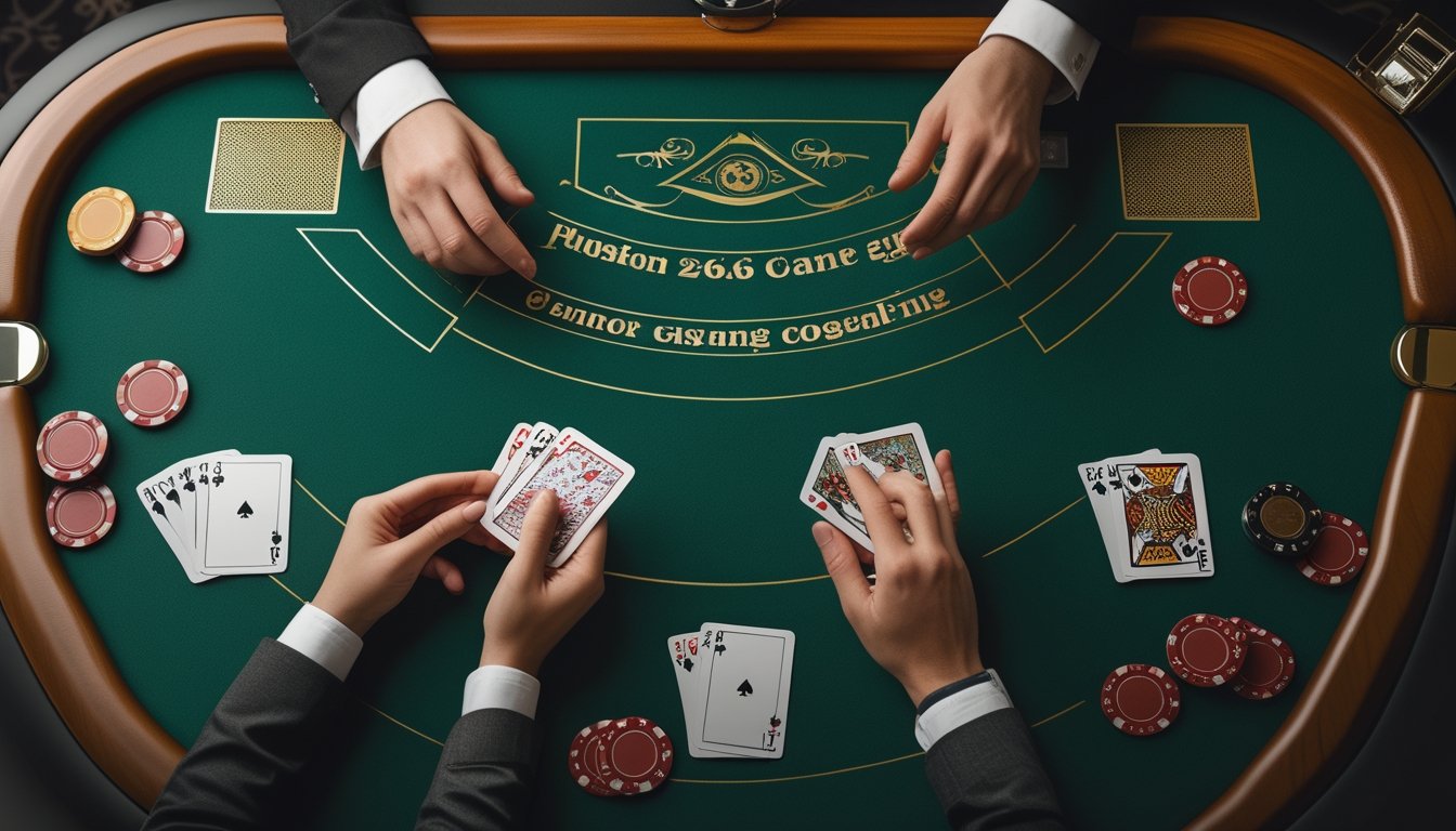 Tangan pemain dan dealer memegang kartu di meja blackjack dengan beberapa keping kasino.