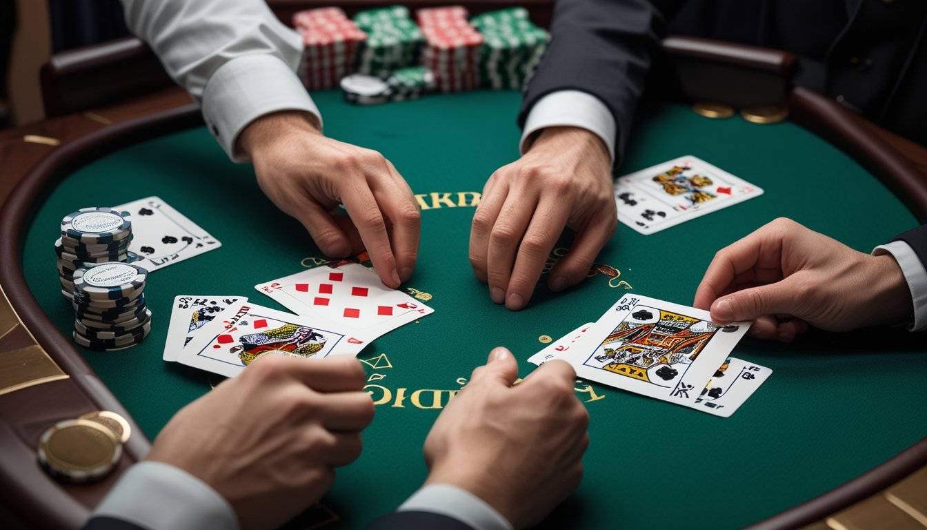 Tangan pemain dan dealer menyusun kartu blackjack di atas meja hijau.