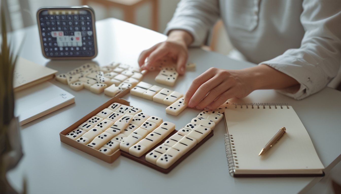 Seorang pemula mempelajari aturan permainan domino dengan ponsel dan ubin domino di atas meja.