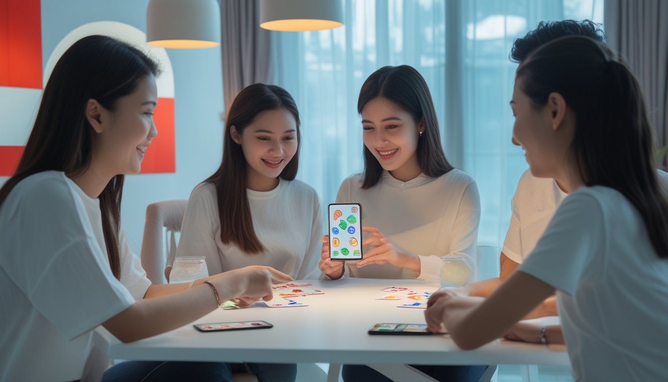 Seorang anak muda bermain permainan kartu digital di ponsel bersama teman-temannya.