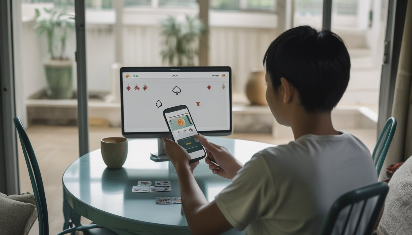 Seseorang memainkan permainan kartu digital di ponsel di meja rumah.