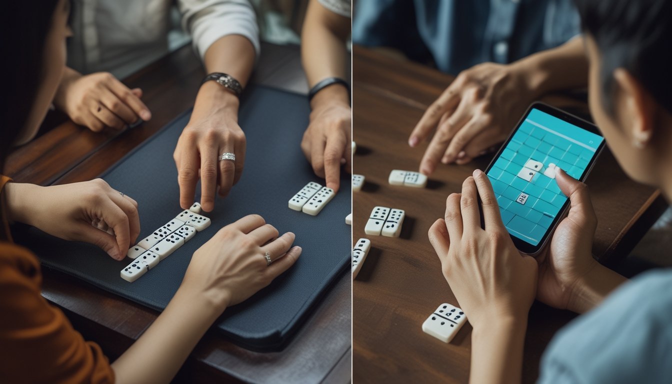 Beberapa orang bermain domino di meja, sementara seseorang memainkan permainan domino di ponsel.