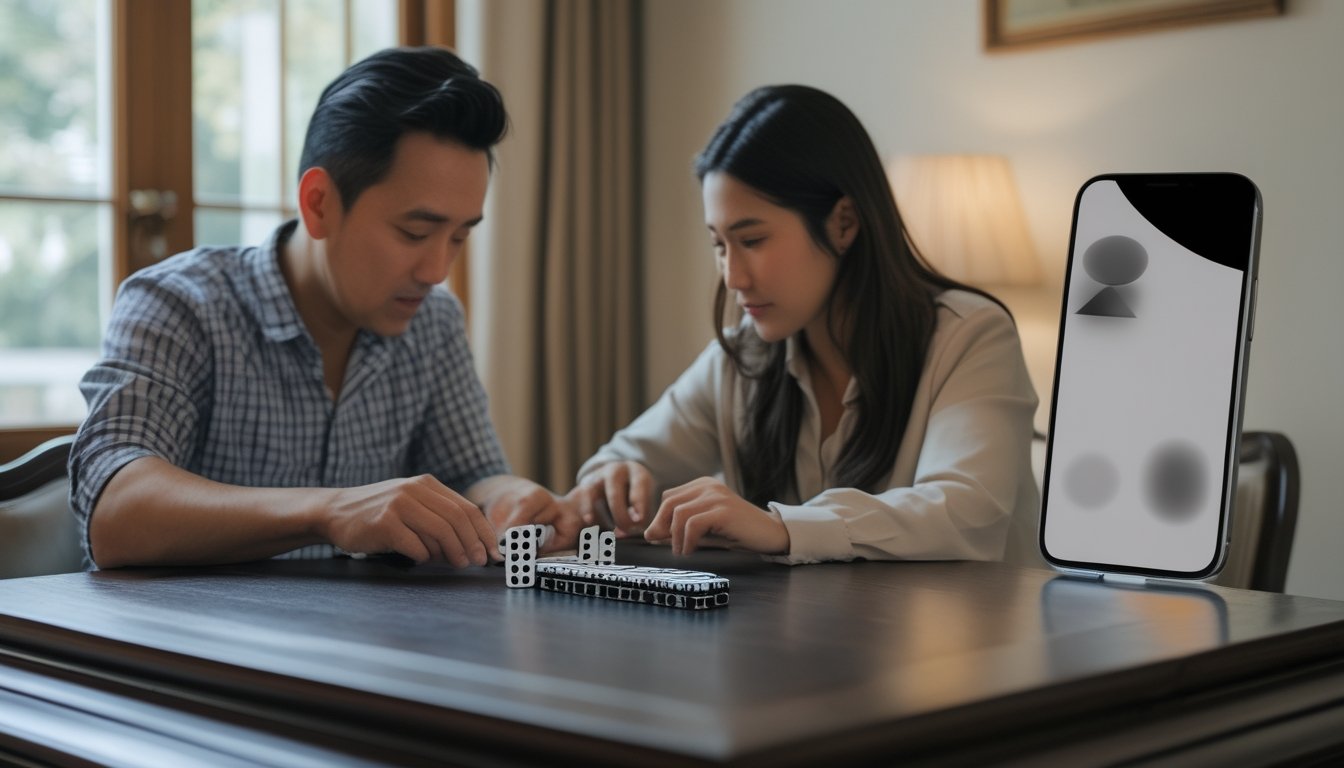 Dua pemain mengamati kartu domino di atas meja, dengan ponsel di dekatnya.