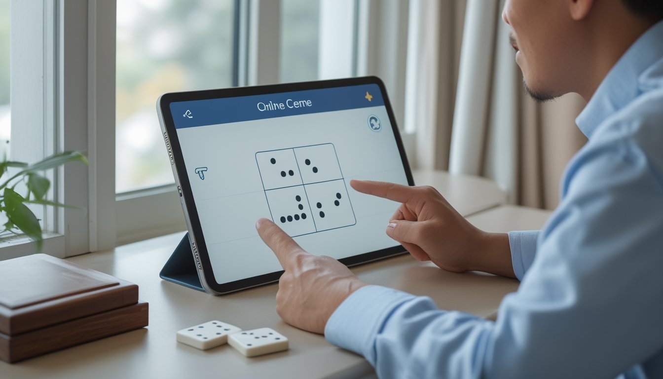 Seorang pemula mempelajari permainan domino di tablet dengan beberapa keping domino di atas meja.