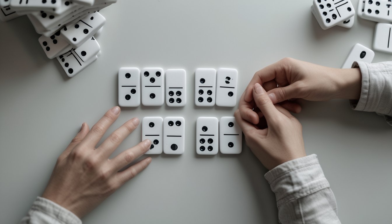 Tangan menyusun kartu domino berpips di atas meja.