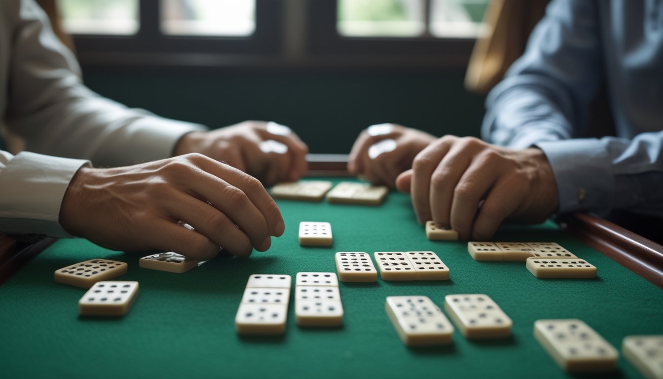 Dua pemain memegang kartu domino di meja permainan.