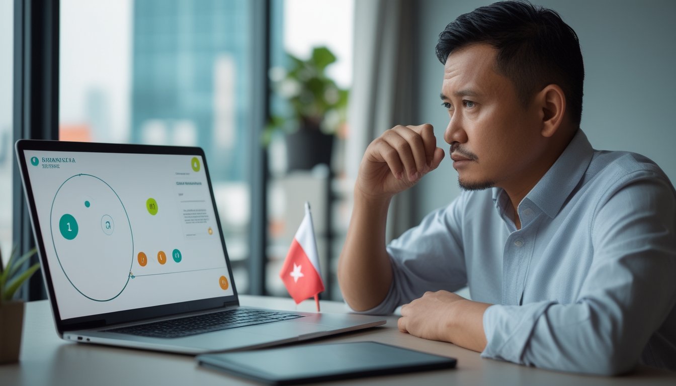 Seorang dewasa Indonesia menatap laptop dengan ekspresi berhati-hati di meja kerja.