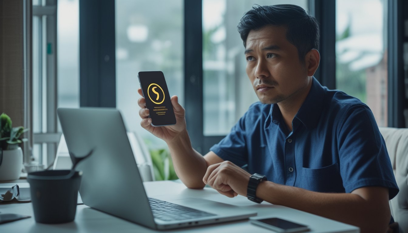Seseorang memeriksa pesan mencurigakan di ponsel sambil menggunakan laptop.