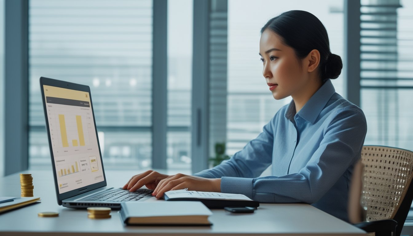 Seorang profesional memeriksa keuangan di laptop dengan kalkulator dan koin di atas meja.