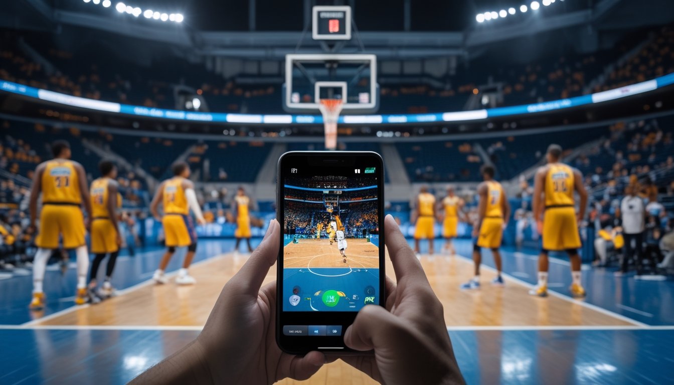 Seorang penonton mengikuti pertandingan basket langsung melalui ponsel di arena.