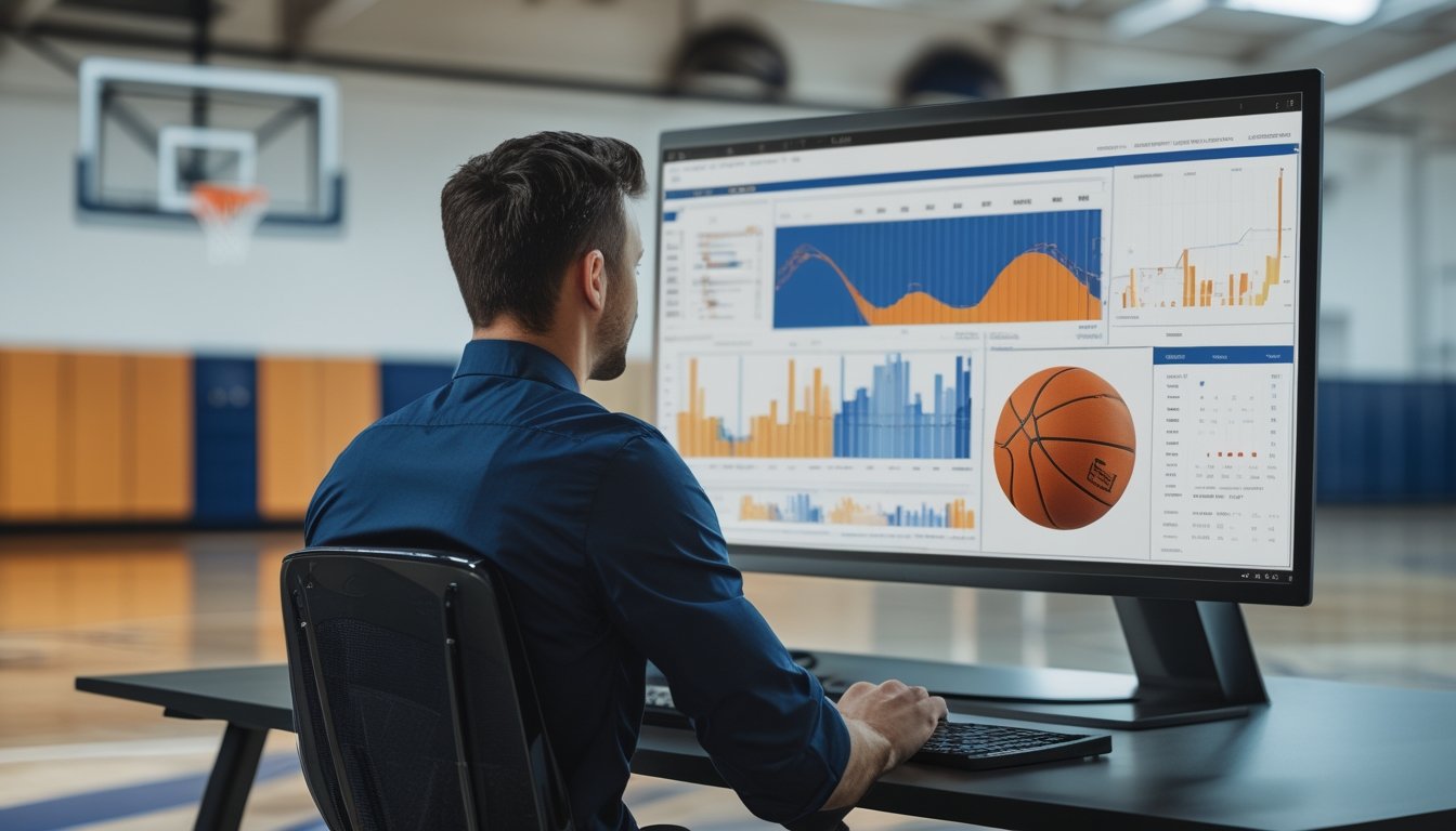 Seorang analis mempelajari grafik performa tim basket di layar, dengan bola basket di dekatnya.