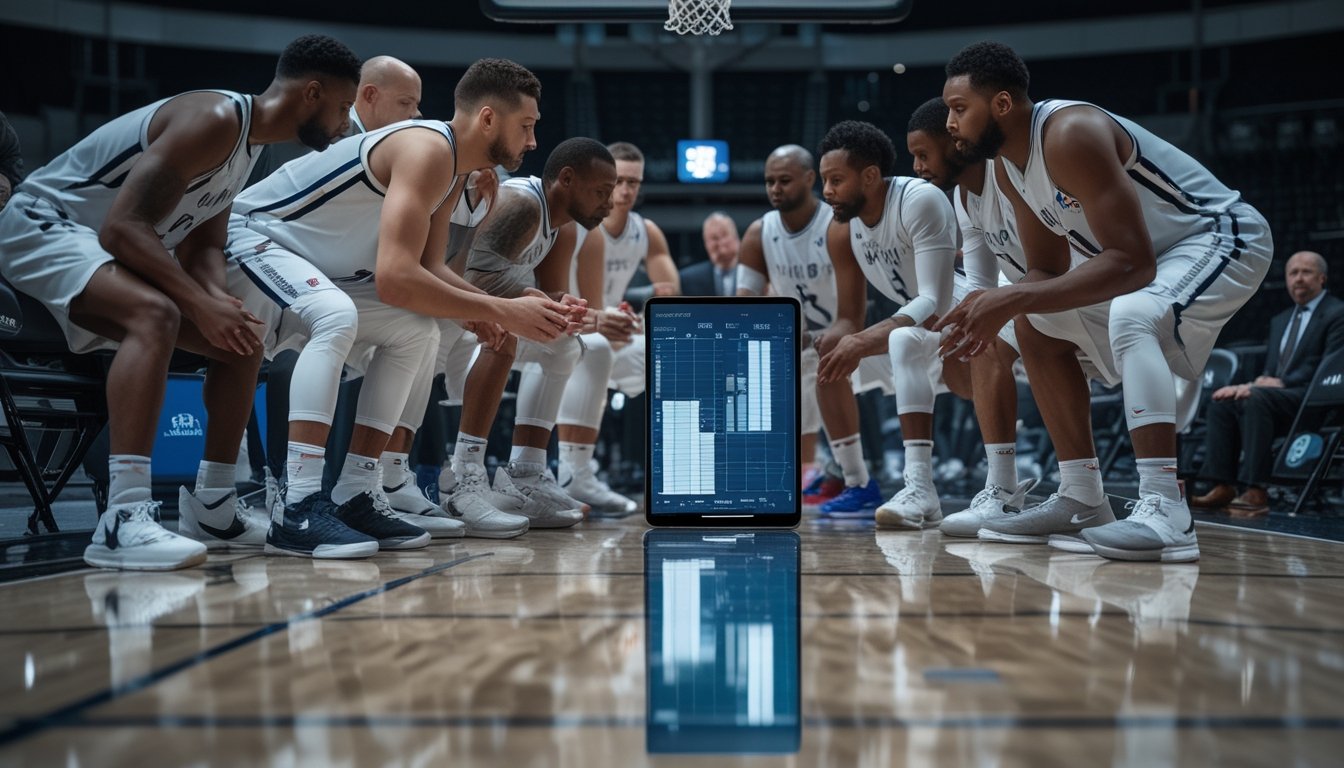 Para pemain basket berkumpul bersama pelatih dan analis di lapangan.