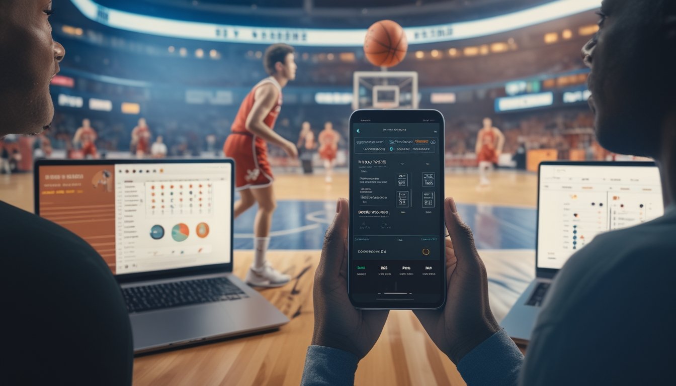 Pertandingan basket berlangsung di arena, sementara seseorang melihat ponsel dengan grafik peluang pertandingan.