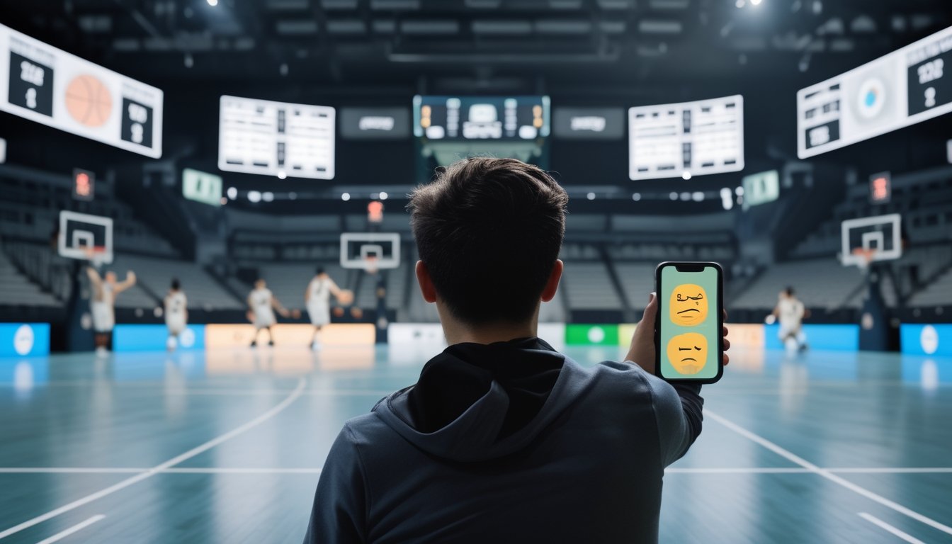 Pemain basket bertanding di lapangan, sementara seorang penonton melihat ponsel.