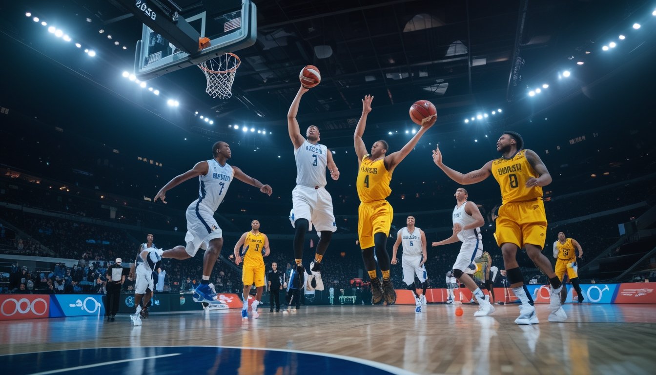 Dua pemain basket melompat memperebutkan bola di dekat ring dalam arena yang dipenuhi penonton.