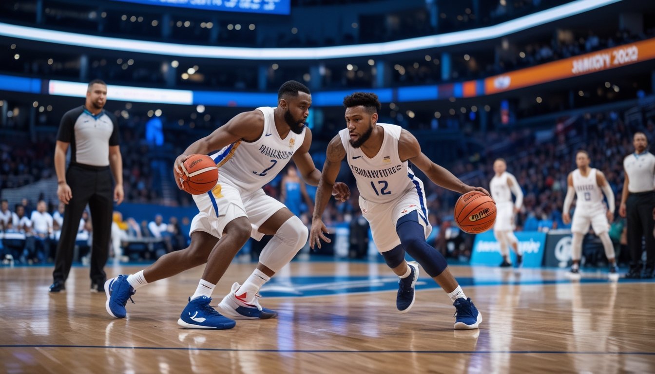 Dua pemain basket dari tim berbeda berebut bola di lapangan dalam arena pertandingan.