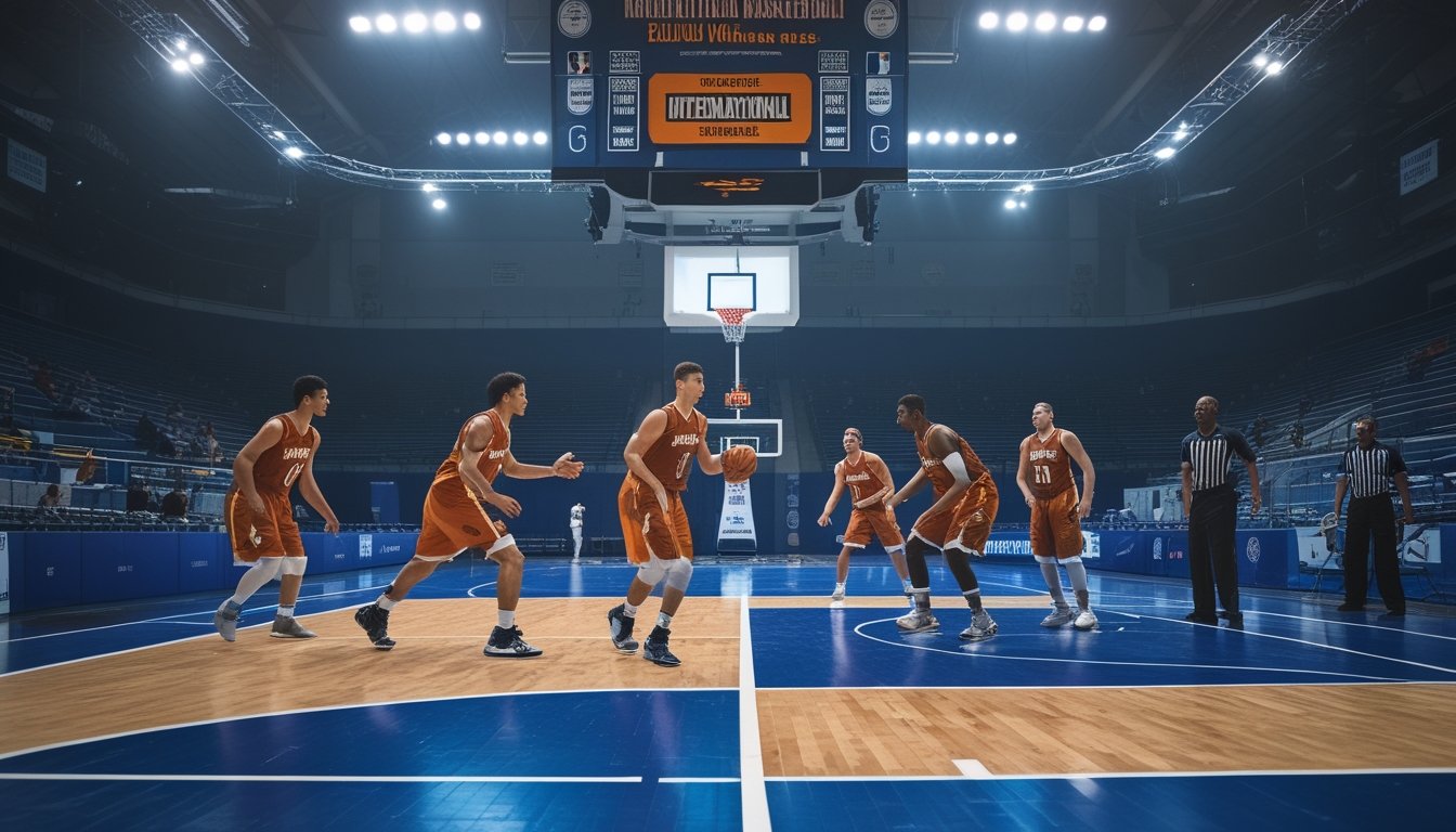 Pemain basket bertanding di lapangan dengan dua jenis garis dan area permainan yang berbeda.