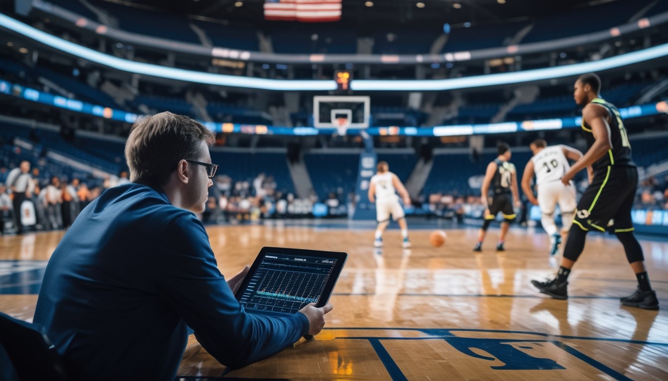 Pemain basket bertanding di lapangan sementara seorang analis mengamati statistik melalui tablet.