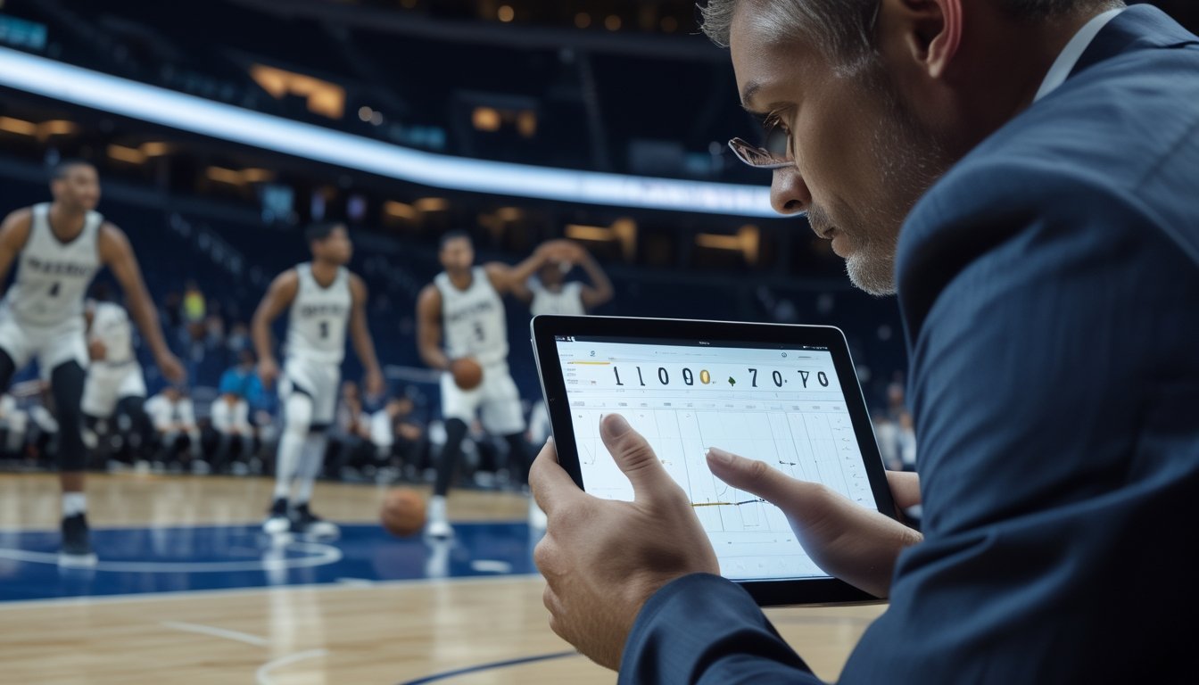 Seorang analis mempelajari statistik di tablet saat pertandingan basket berlangsung.