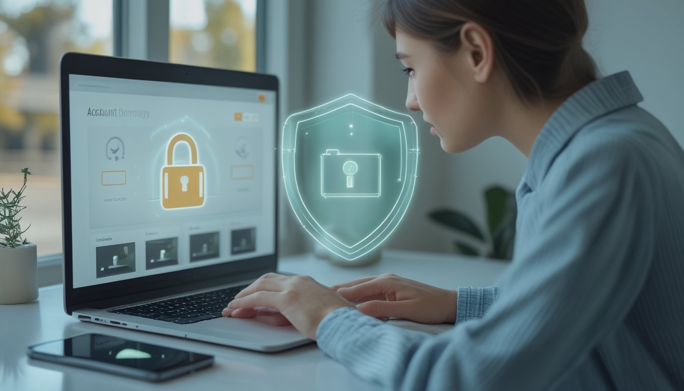 Seseorang menggunakan laptop dan ponsel untuk berbelanja daring dengan ikon gembok digital.