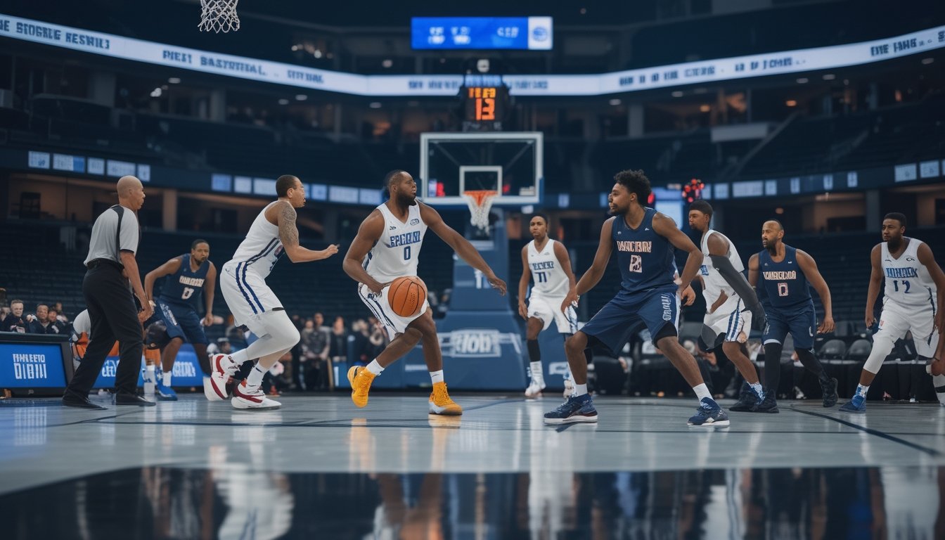 Pemain dari dua tim basket yang seimbang berebut bola dalam pertandingan sengit.