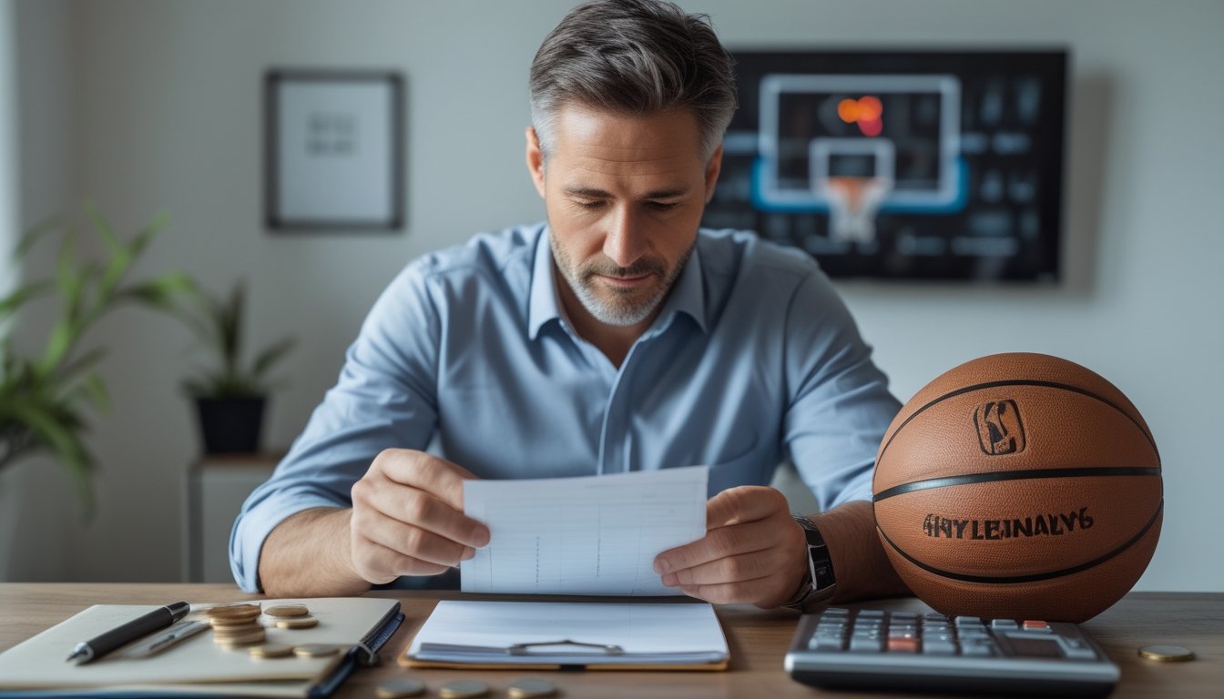 Seseorang meninjau anggaran di meja dengan bola basket dan pertandingan di layar.