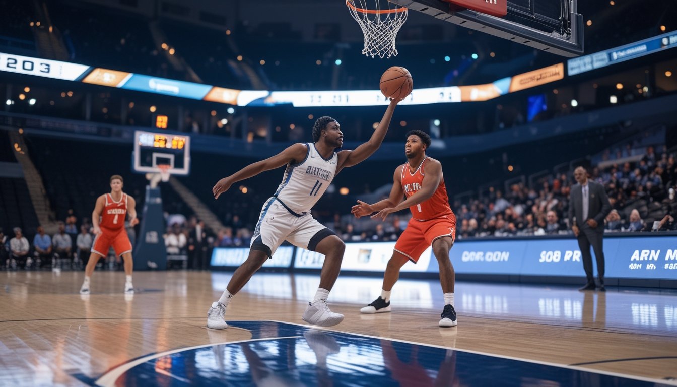 Pemain basket membawa bola menuju ring saat pemain lawan berusaha menghalanginya.