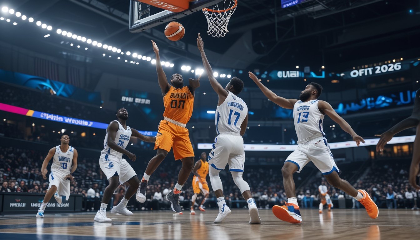Pemain dari dua tim basket berebut bola dalam pertandingan di arena yang dipenuhi penonton.