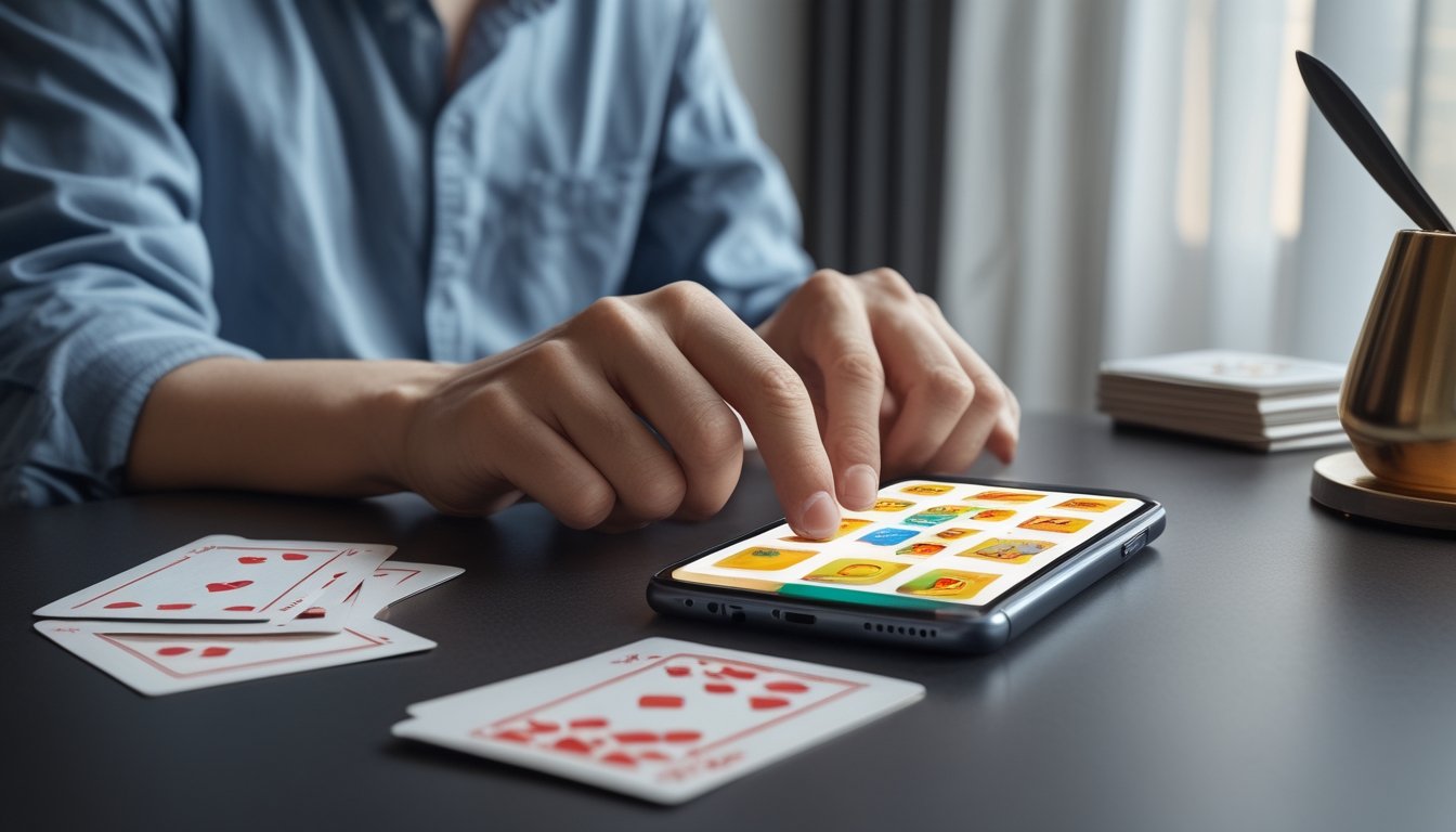 Seseorang memainkan permainan kartu digital di ponsel dengan beberapa kartu di atas meja.