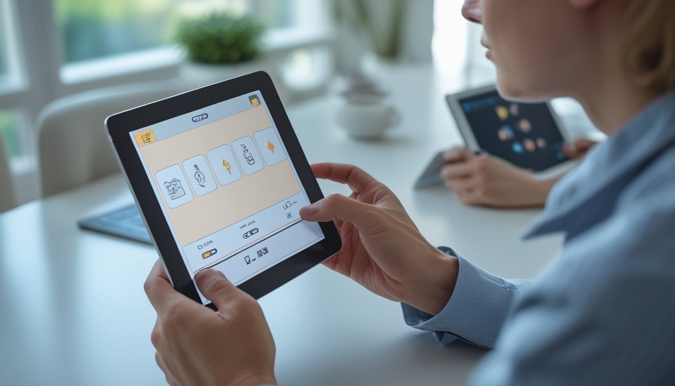 Seorang pemain menggunakan tablet untuk memainkan permainan kartu digital.