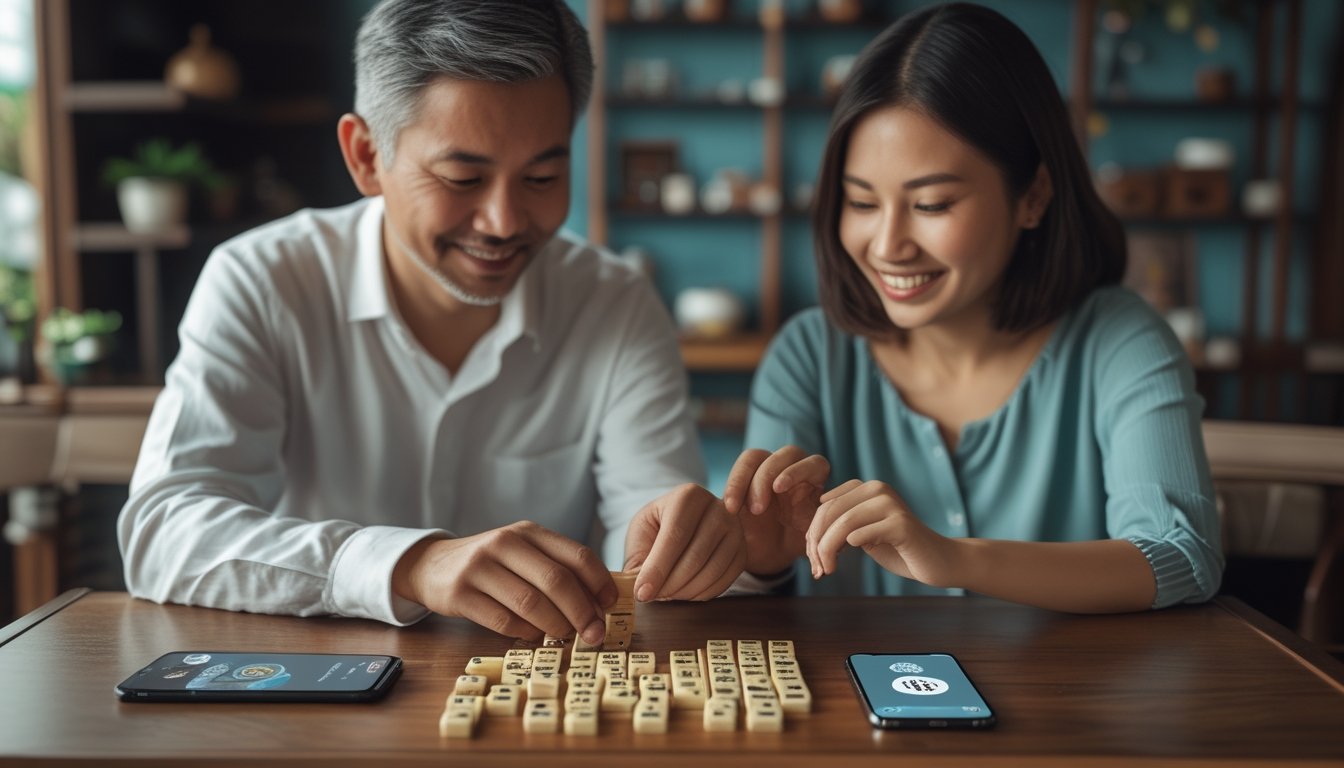 Dua orang bermain domino Ceme di meja dengan ponsel di dekatnya.