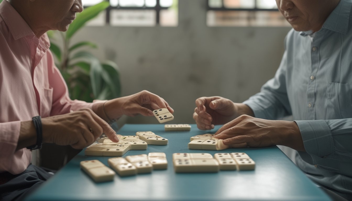 Dua orang dewasa bermain domino ceme di meja.