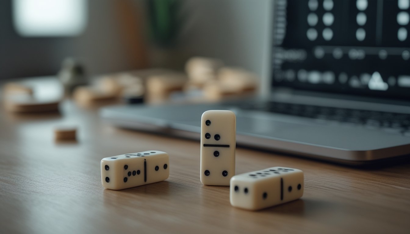 Dua keping domino dan beberapa token di atas meja, dengan laptop di latar belakang.
