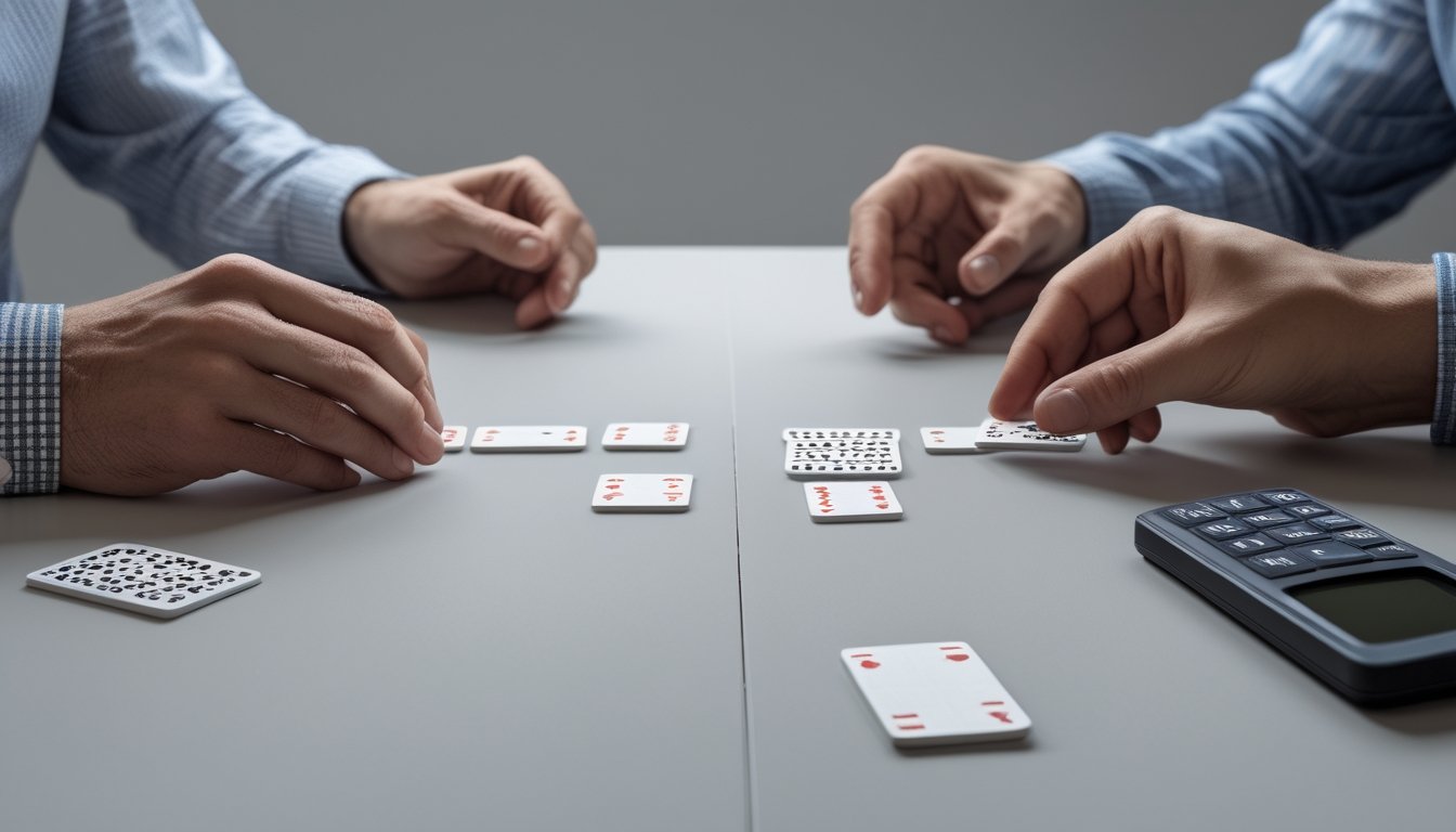 Dua pemain membandingkan kartu domino di atas meja.