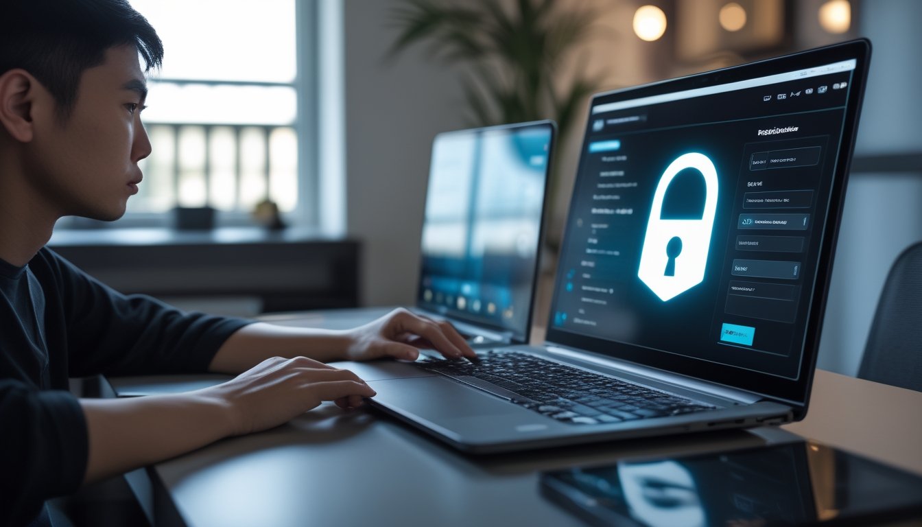 Seseorang menggunakan laptop dan ponsel untuk menjaga keamanan akun digital.