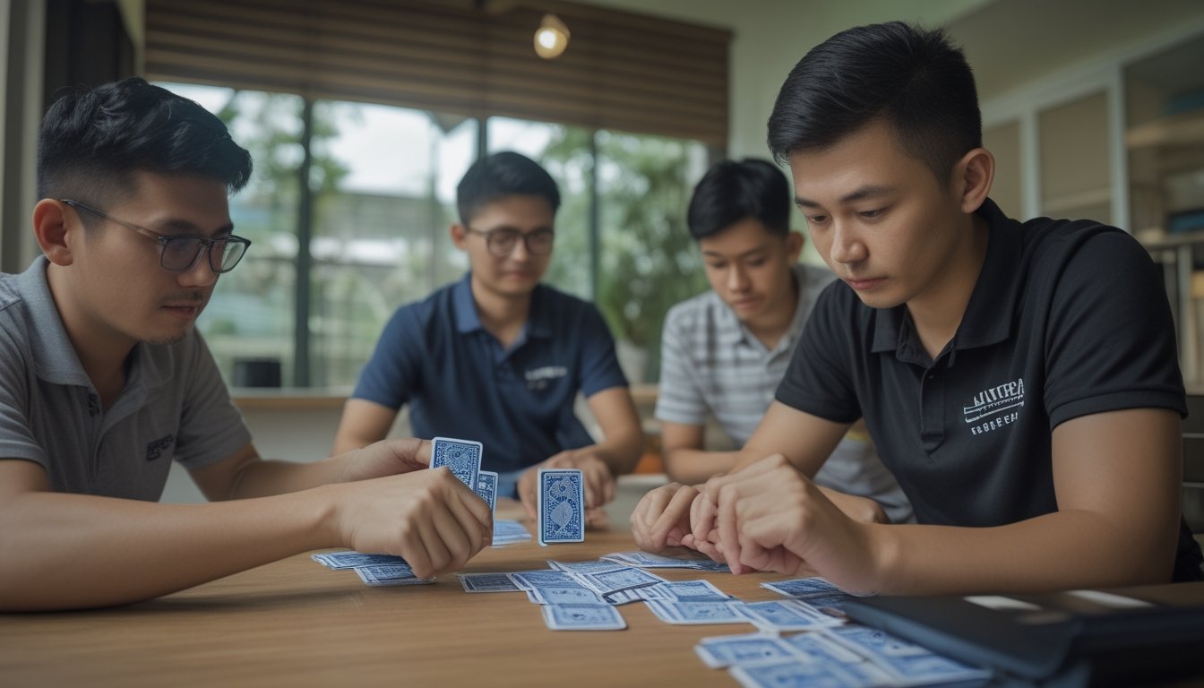 Seorang pemula mempelajari susunan kartu domino di laptop dengan bantuan seorang teman.