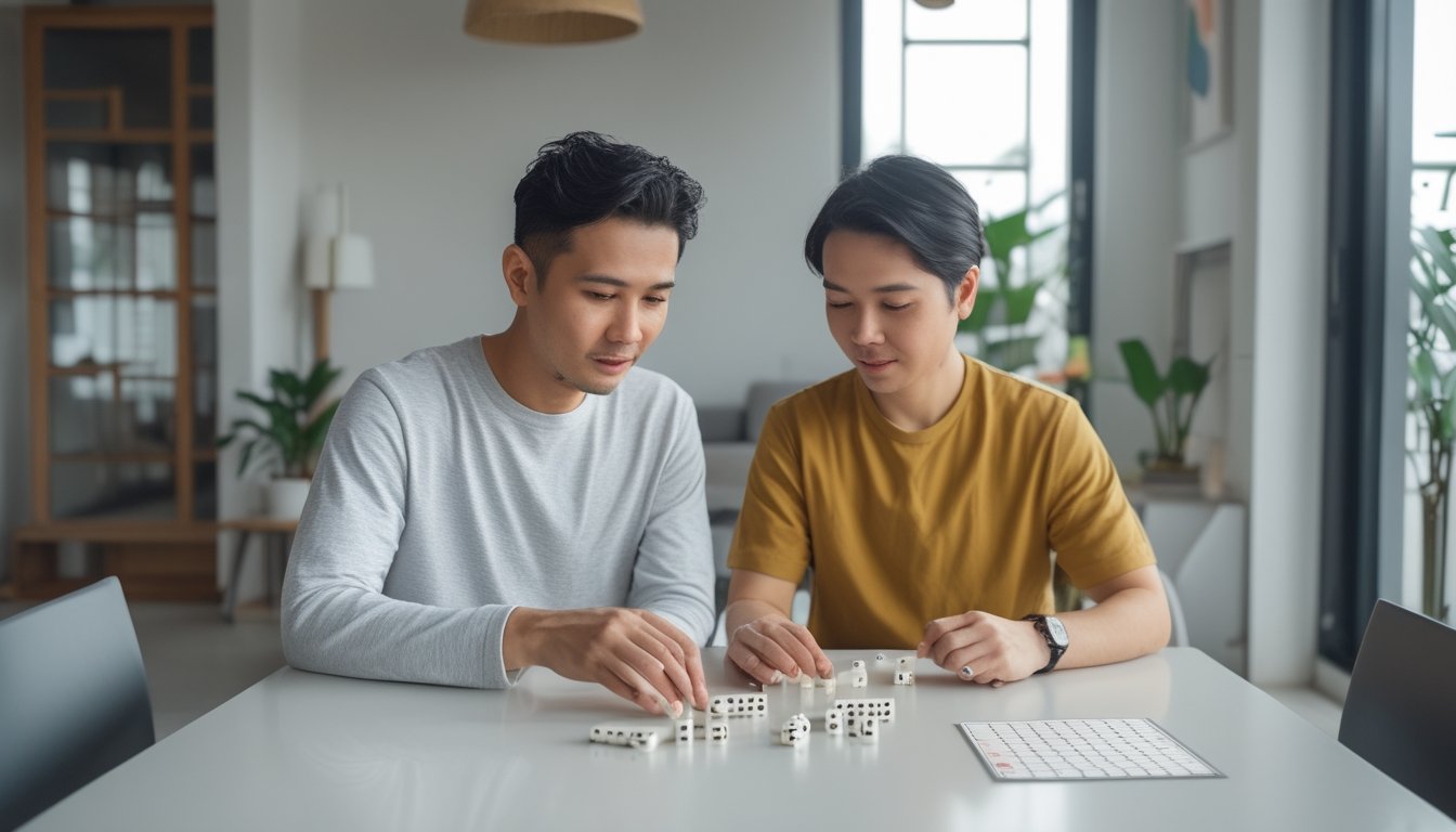 Dua orang mempelajari nilai domino di atas meja.