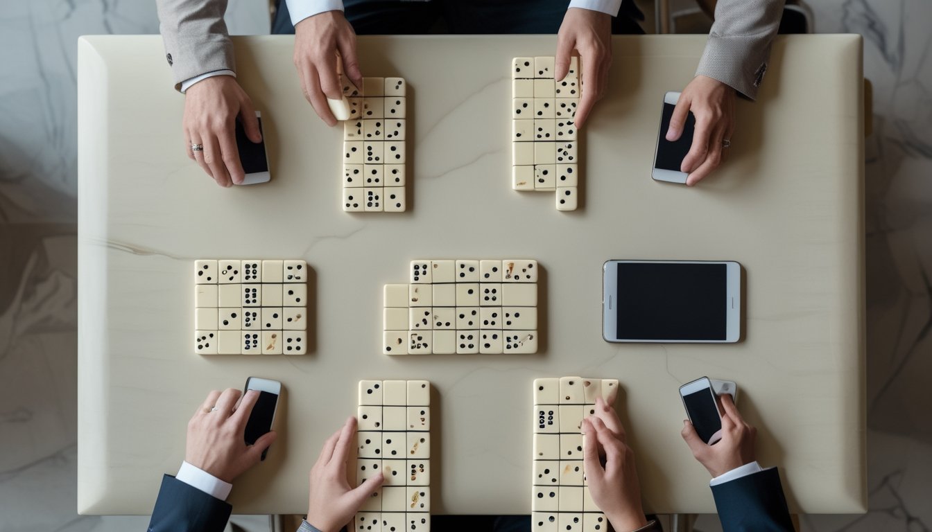Beberapa susunan kartu domino di atas meja dengan tangan pemain dan perangkat digital di dekatnya.