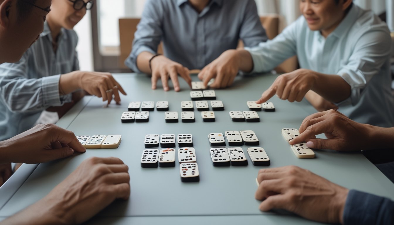 Sekelompok orang bermain domino Ceme di sekitar meja.
