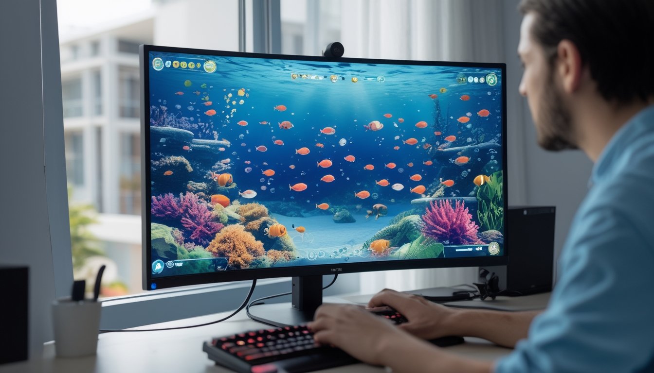 Seseorang memainkan permainan arcade bertema ikan di komputer.