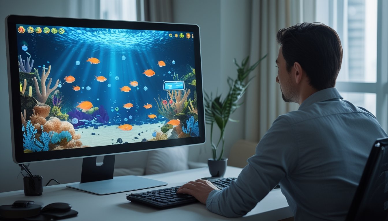 Seseorang memainkan permainan arcade bertema ikan di komputer.