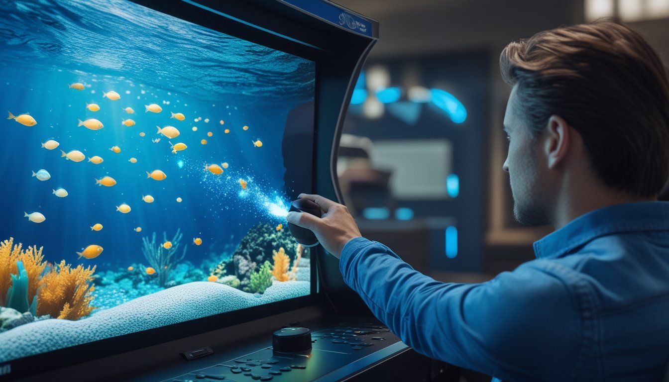 Seorang pemain mengendalikan permainan ikan di layar dengan latar laut biru.