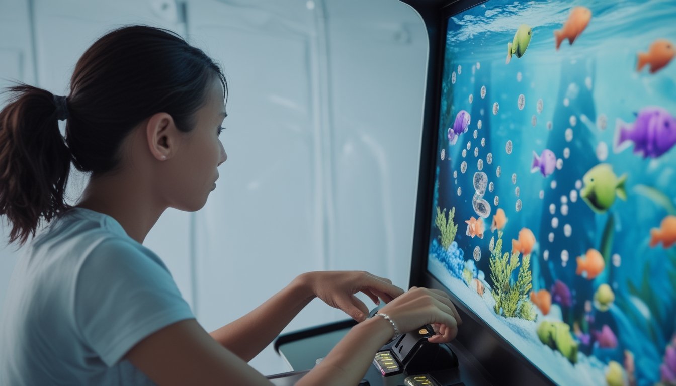 Seorang pemula mempelajari permainan tembak ikan di mesin arkade.