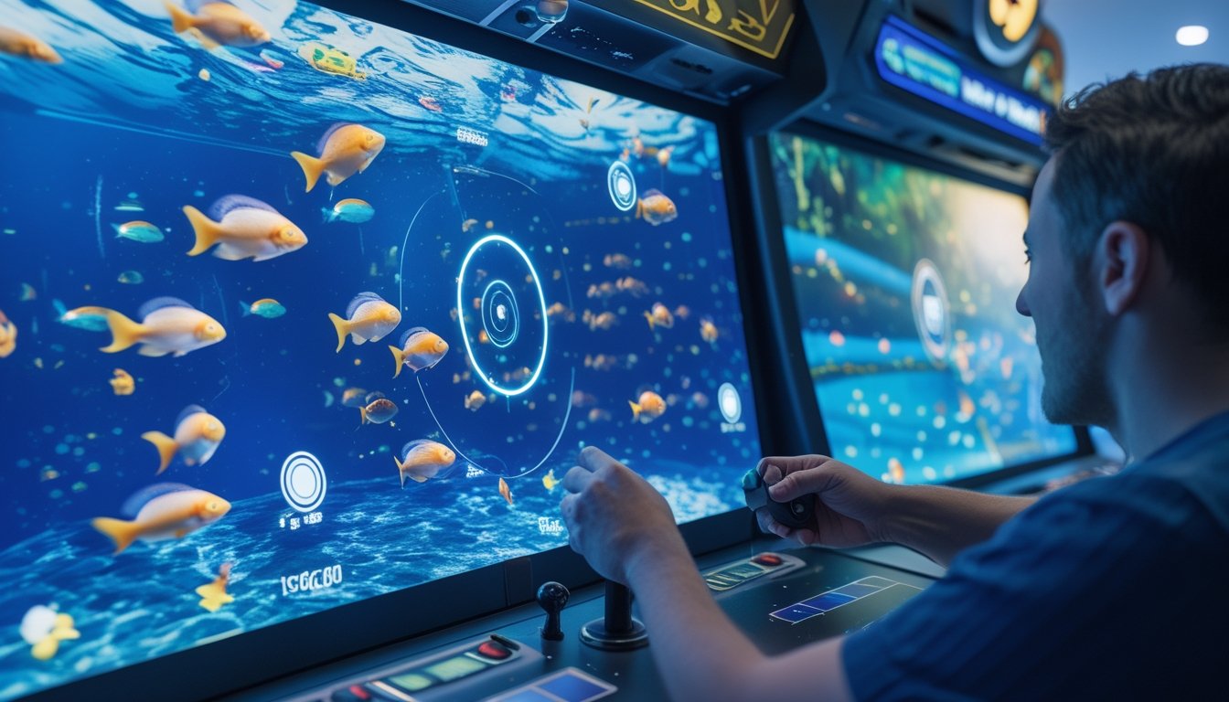 Seorang pemain mengoperasikan konsol permainan tembak ikan digital di depan layar bawah laut.