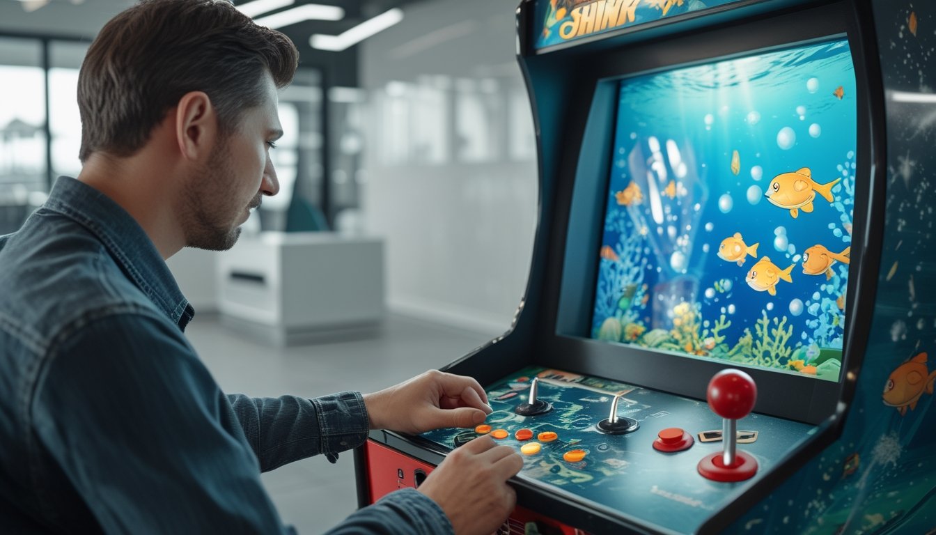 Seorang pemain mengoperasikan mesin arcade dengan layar permainan ikan di bawah laut.