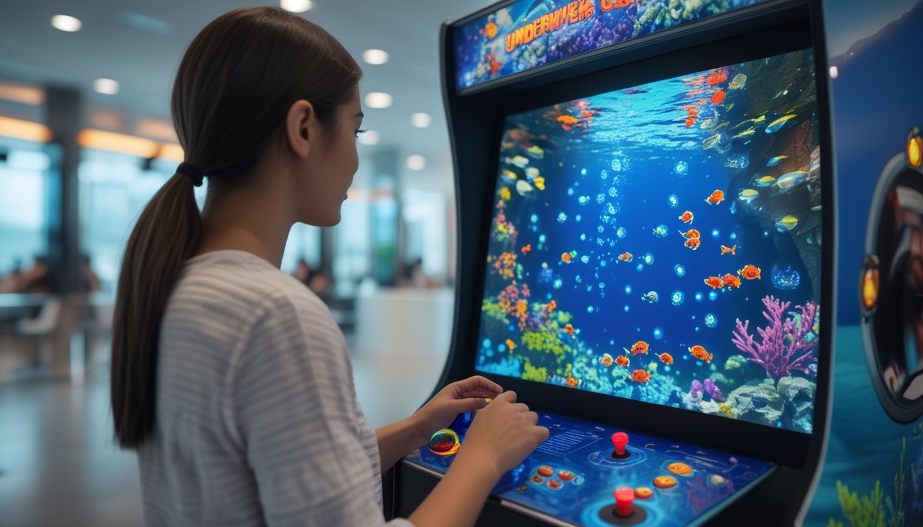 Seseorang memainkan permainan tembak ikan di mesin arkade dengan tampilan ikan berwarna-warni.