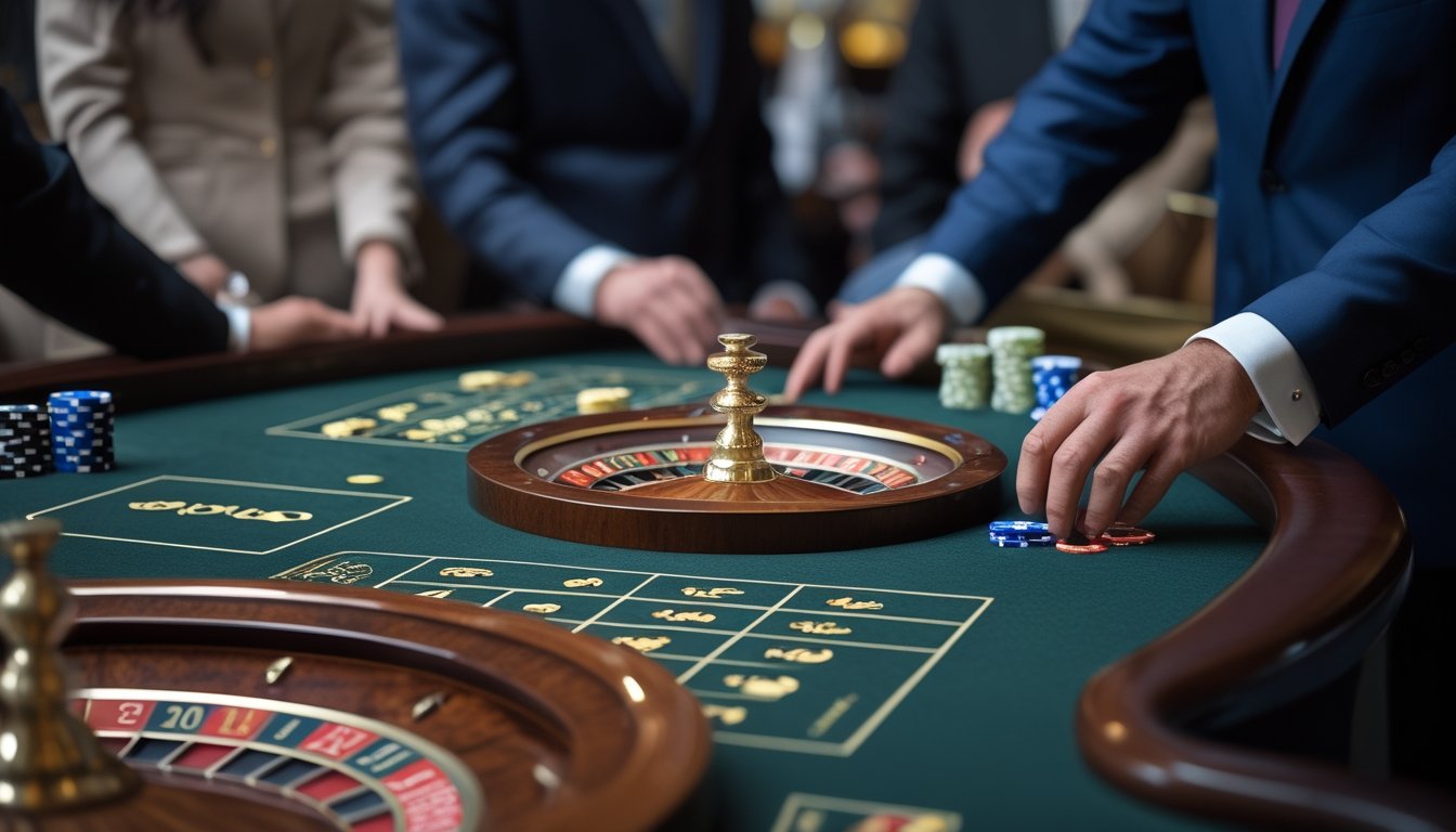 Seorang pemain mengamati roda roulette yang berputar saat bola bergerak di atas meja.