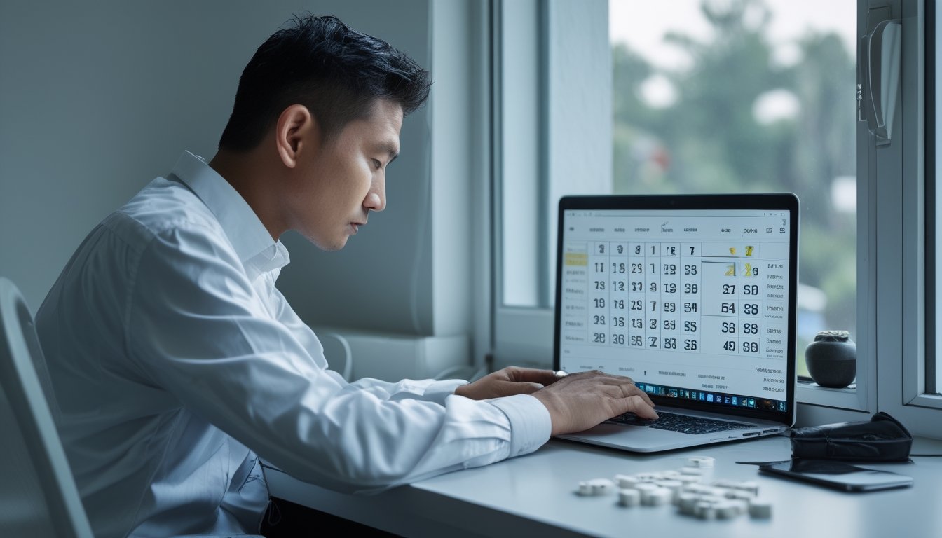 Seorang pria dewasa melihat bagan angka di laptop di meja kerjanya.